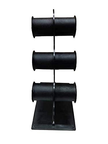 3-tier black plastic bangle display stand for bracelets, bangles, and watches.