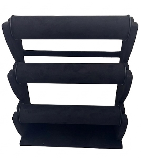 Premium suede fabric 3-tier bangle and bracelet display stand for luxury jewelry showrooms.