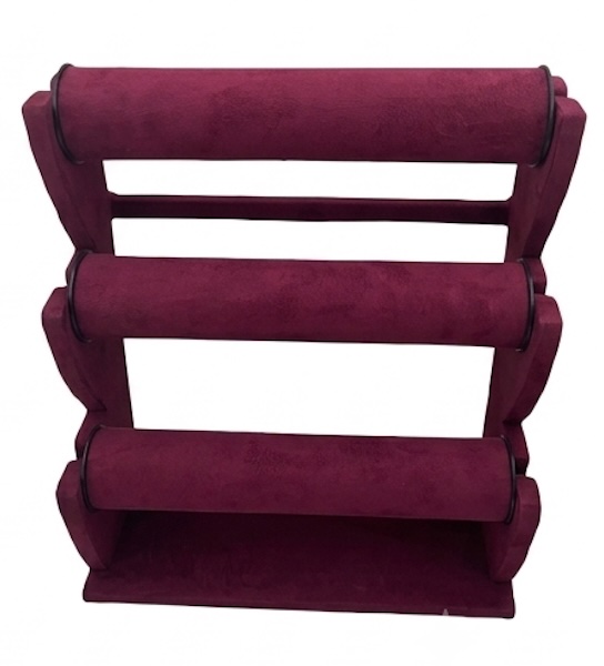 Elegant three-tier bracelet display stand wrapped in premium navy blue suede fabric with horizontal display rollers, designed for showcasing luxury bangles, bracelets, watches, and wristwear in profes