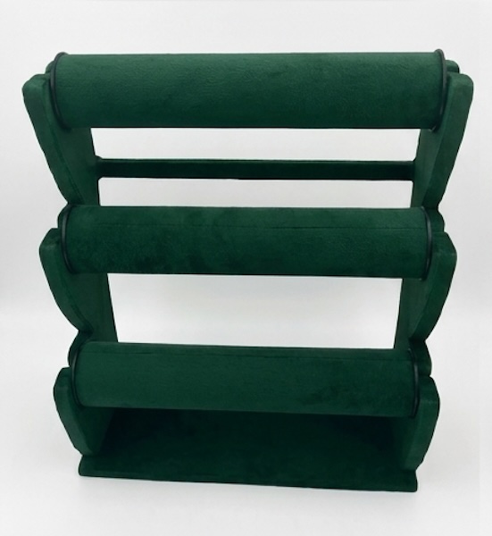 Premium suede fabric 3-tier bangle and bracelet display stand for luxury jewelry showrooms.