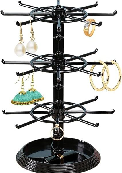 Black 3-tier rotating jewelry display stand with multiple hooks for displaying hook, hoop, drop, and dangle earrings.