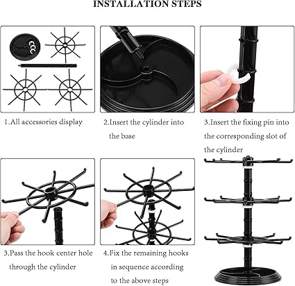 Black 3-tier rotating jewelry display stand with multiple hooks for displaying hook, hoop, drop, and dangle earrings.