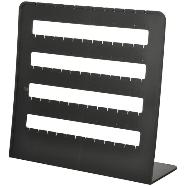 Black plastic 4-row jewelry display tray with precision slots and holes for organizing and displaying stud, hook, drop, and dangle earrings.