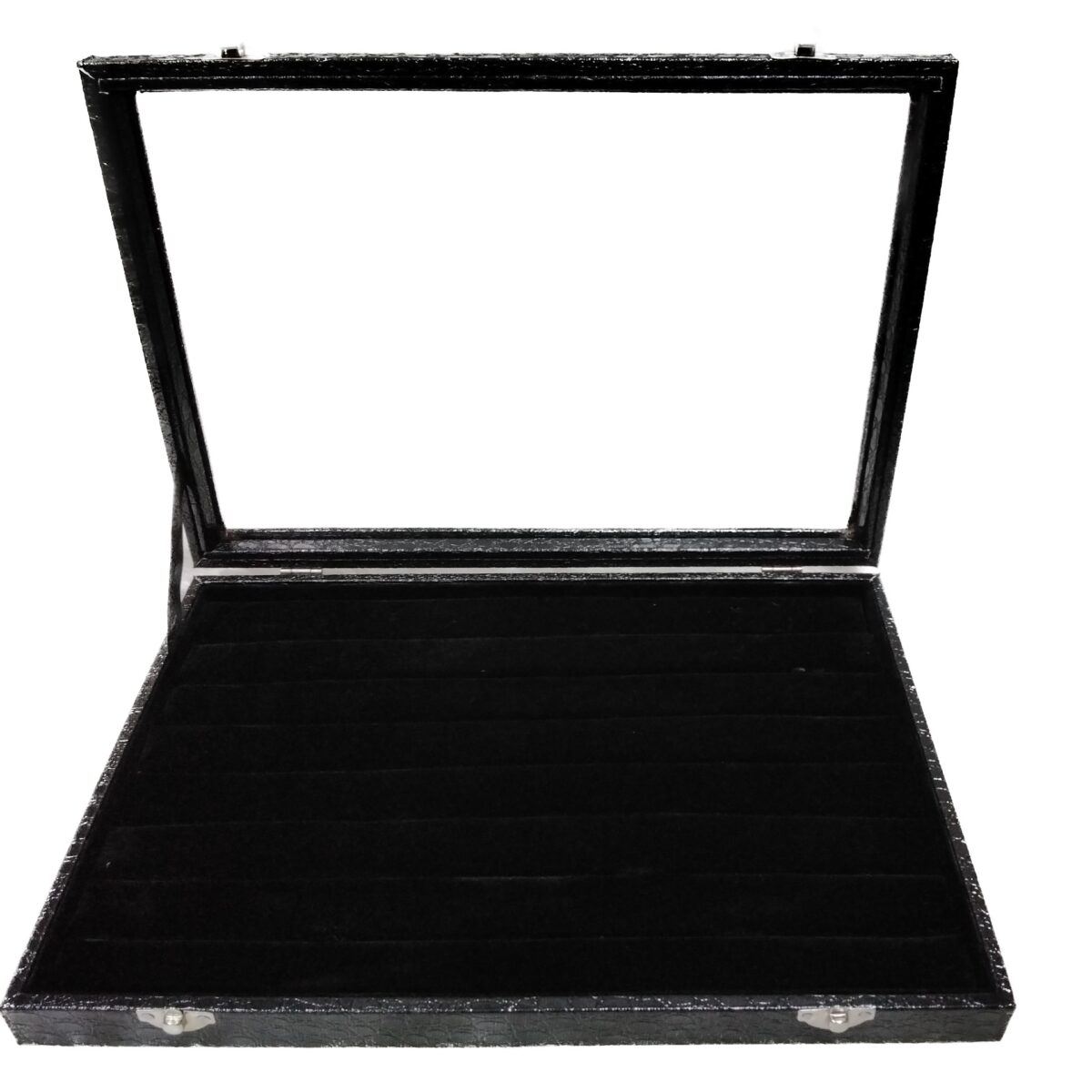 Wooden ring display box with clear glass lid holding 100 rings for jewelry storage and display.
