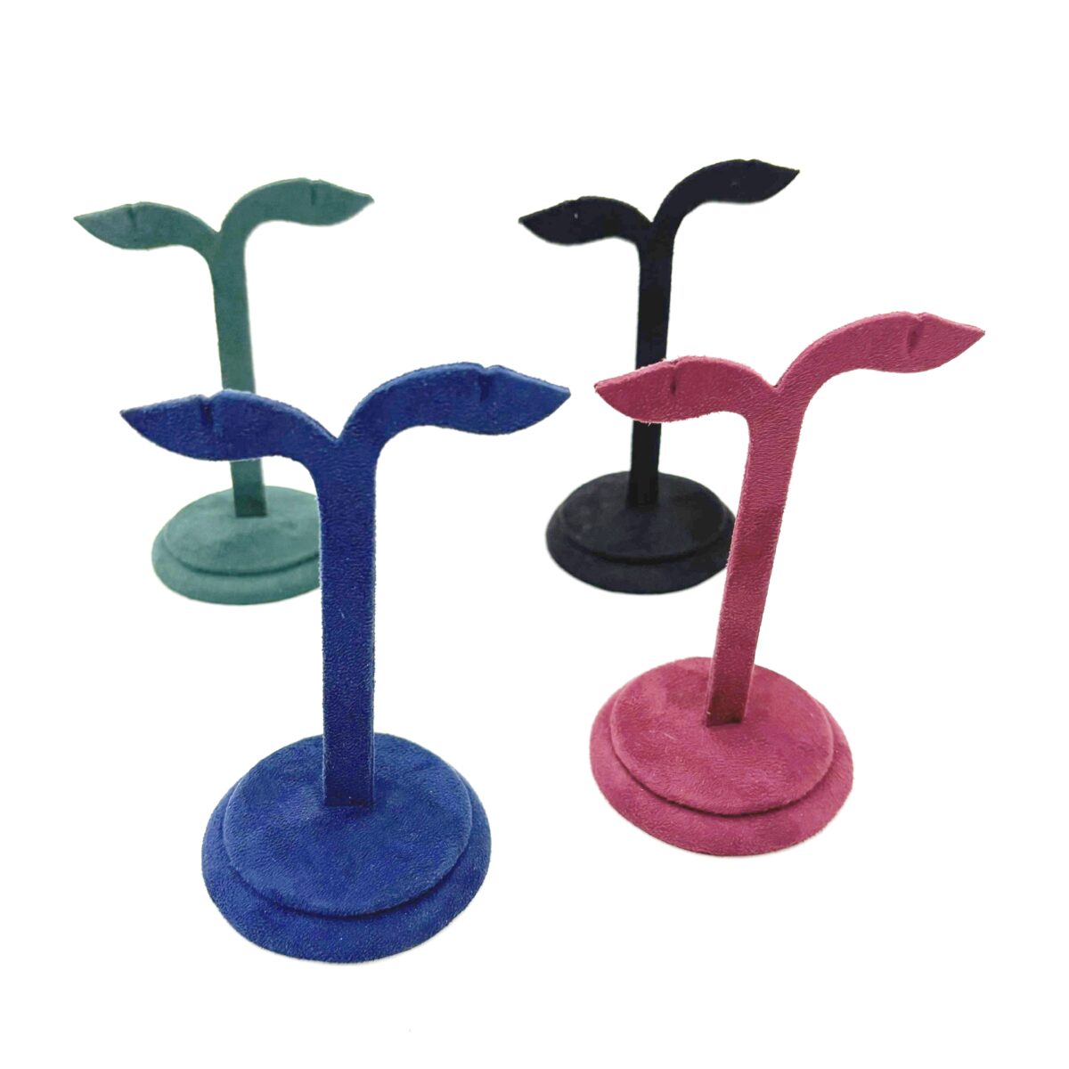 Premium velvet leaf design earring display stand with round base available in green, black, blue and peacock colors.