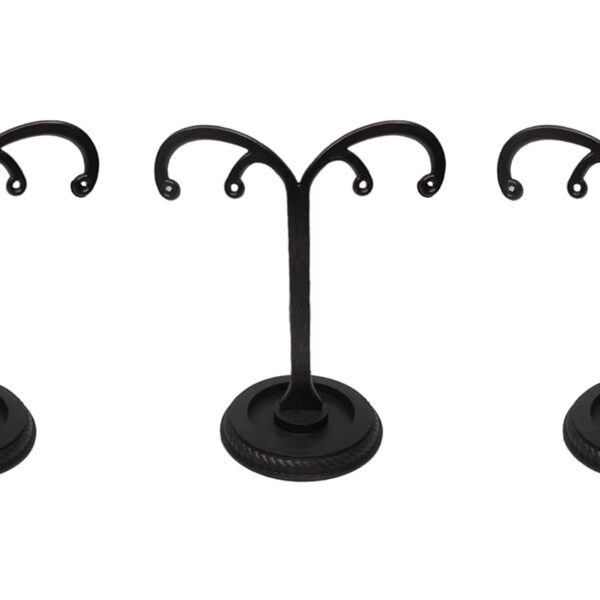 Black plastic 4-hole earrings display stand with round base for jewelry shop display.