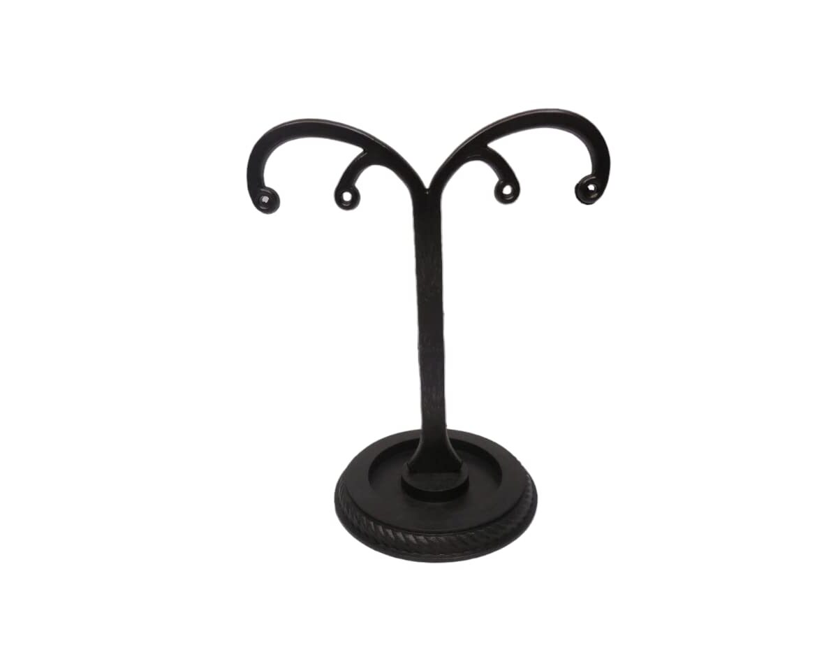 Black plastic 4-hole earrings display stand with round base for jewelry shop display.