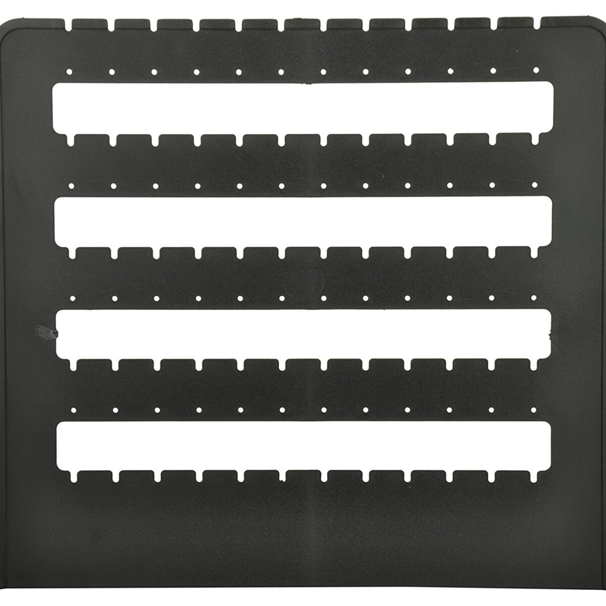 Black plastic 4-row jewelry display tray with precision slots and holes for organizing and displaying stud, hook, drop, and dangle earrings.
